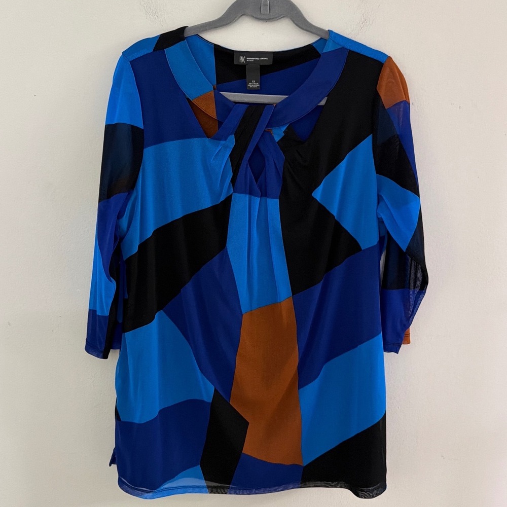 INC International Concepts Women 1X Mesh Geometric Colorblock Keyhole Blouse Top